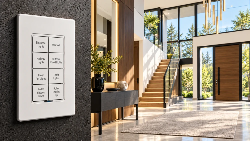 Eight-button keypad laser-etched with Entrance Lights, Stairwell, Hallway Lights, Outdoor Flood Lights, Front Pot Lights, Soffit Lights and Roller Shades Down and Up, beside a softly lit entrance hall in bright daylight