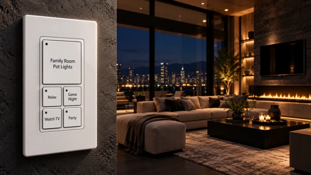 Five-button scene keypad with a large Family Room Pot Lights key and Relax, Game Night, Watch TV and Party scene keys, beside a living room with a fireplace and city view at night