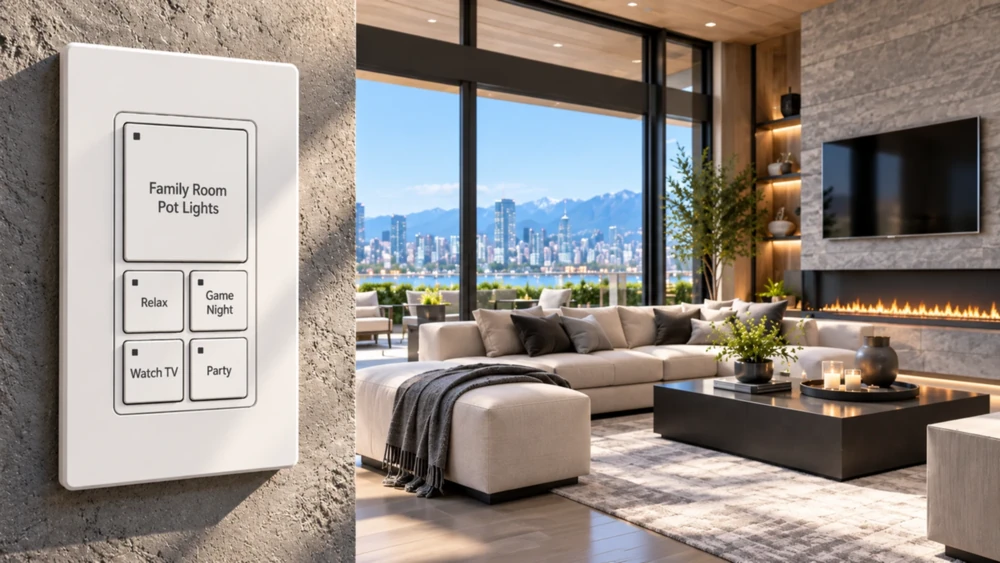Five-button scene keypad with a large Family Room Pot Lights key and Relax, Game Night, Watch TV and Party scene keys, beside a living room with a fireplace and city view in bright daylight