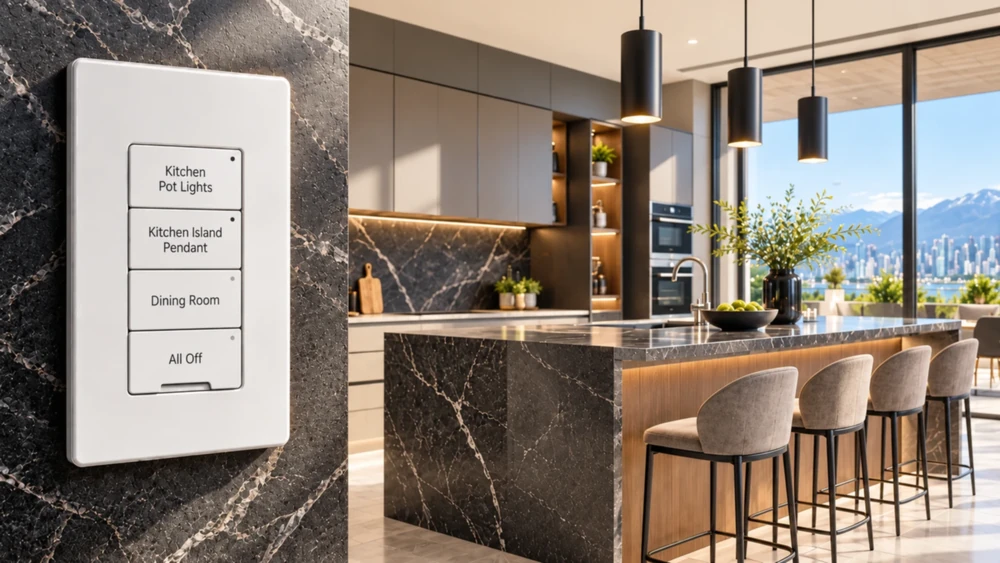 Four-button keypad etched Kitchen Pot Lights, Kitchen Island Pendant, Dining Room and All Off, on a black marble wall beside a kitchen island in bright daylight