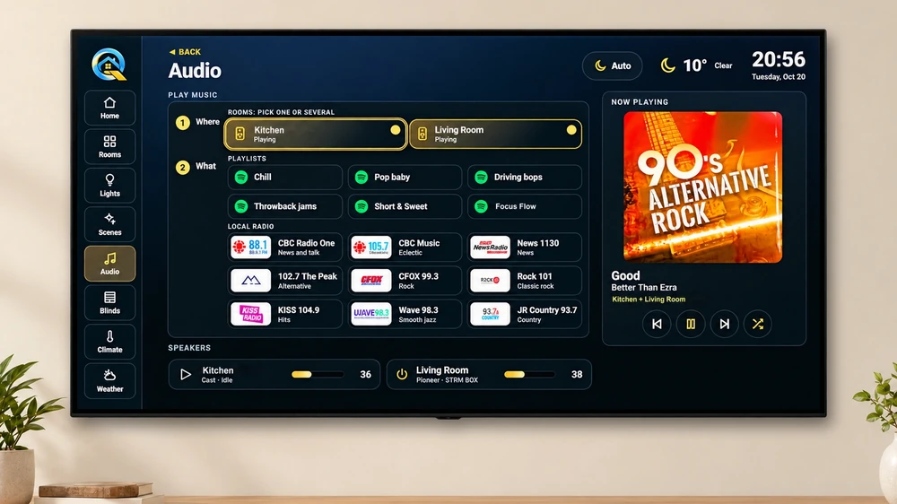The TV audio page: pick the rooms, then a playlist or radio station, with the Now playing panel