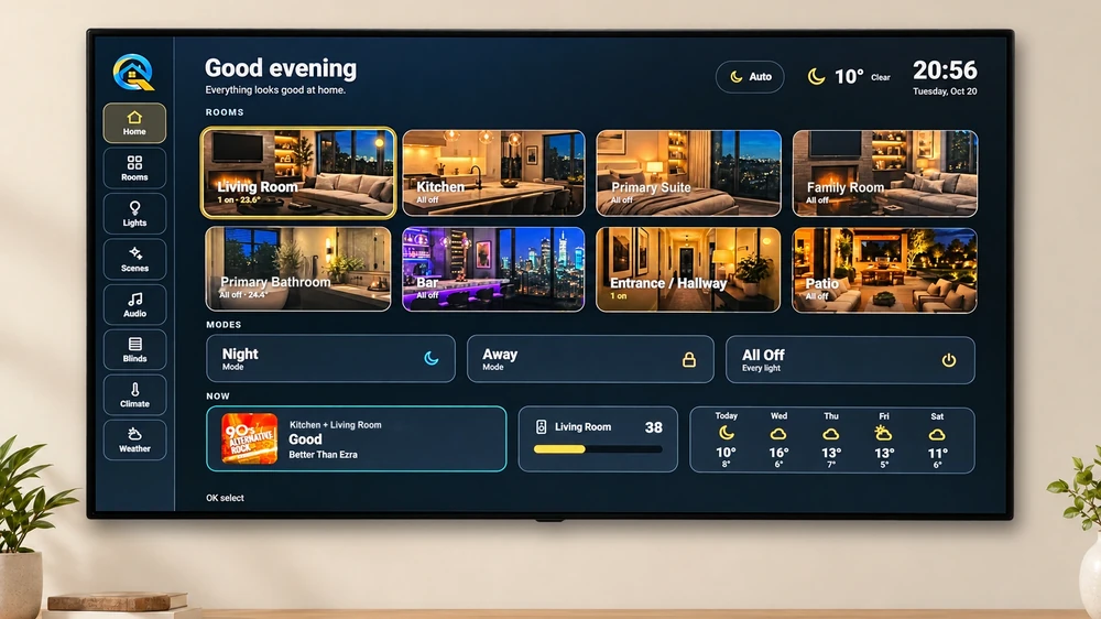 The TV home screen in the evening: rooms, modes, what’s playing and the weather