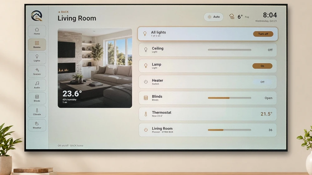 Room control on the TV: lights, blinds, thermostat and the receiver for the living room